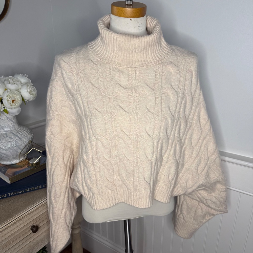 Lili Sidonio Molly Bracken Cream Cable Knit Cropped Turtleneck Sweater M/L
